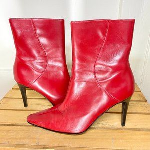 Red Leather Pointy Toe Stilleto Ankle Zip Booties Lord & Taylor Women's size 8.5